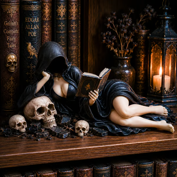 🔥LAST DAY 50% OFF - 🖤Gothic Hooded Reader Figurine – Dark Academia Bookshelf Decor📖