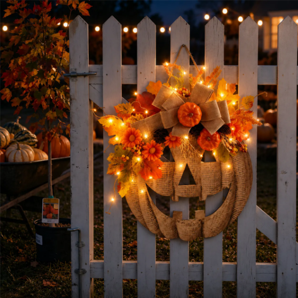 🎃✨ Lighted Burlap Pumpkin Wreath