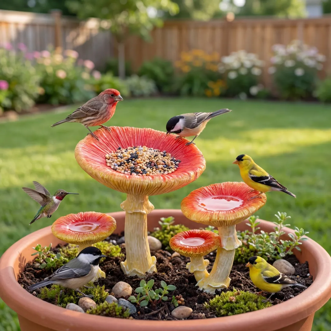 Whimsical Mushroom Bird Feeder for Garden Décor