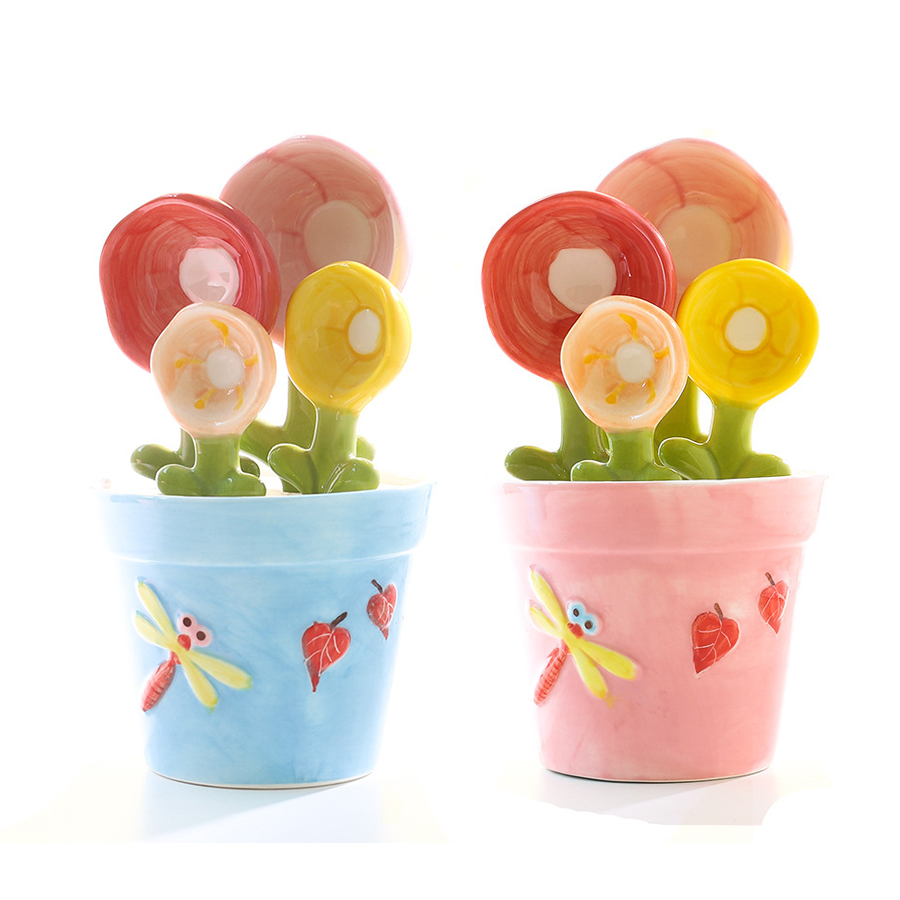 4-Piece Ceramic Flower Measuring Spoons Set with Flowerpot Base