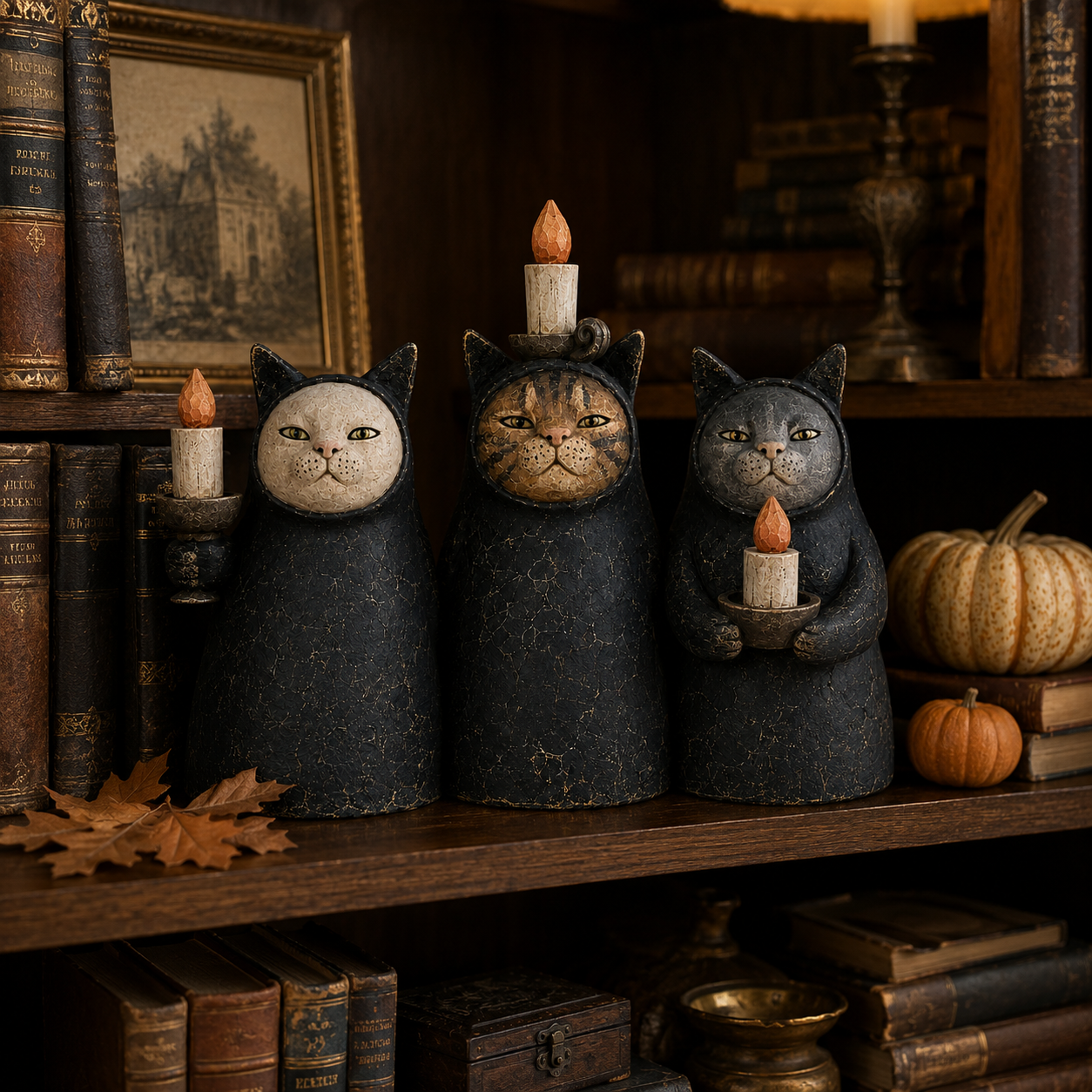 🐱3-Piece Mysterious Hooded Cat Candlelight Figurine