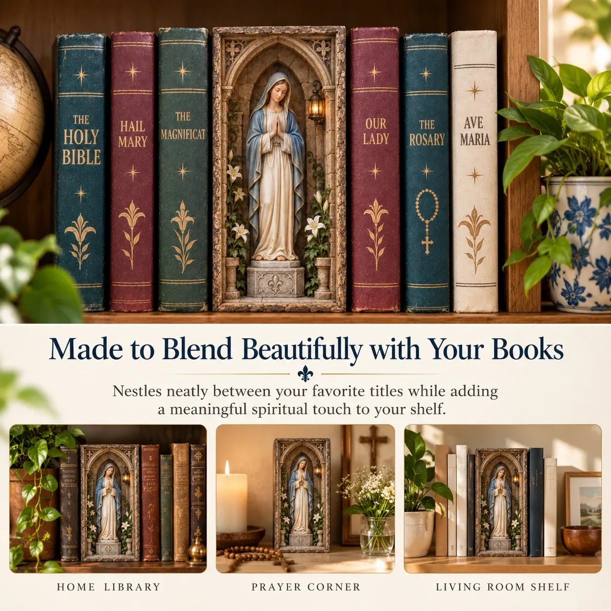 Detailed Virgin Mary Book Nook devotional bookshelf display