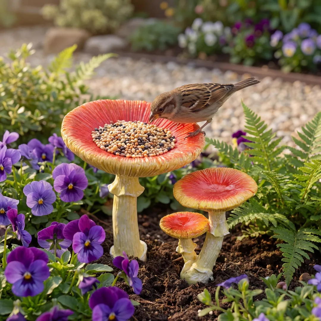 Whimsical Mushroom Bird Feeder for Garden Décor