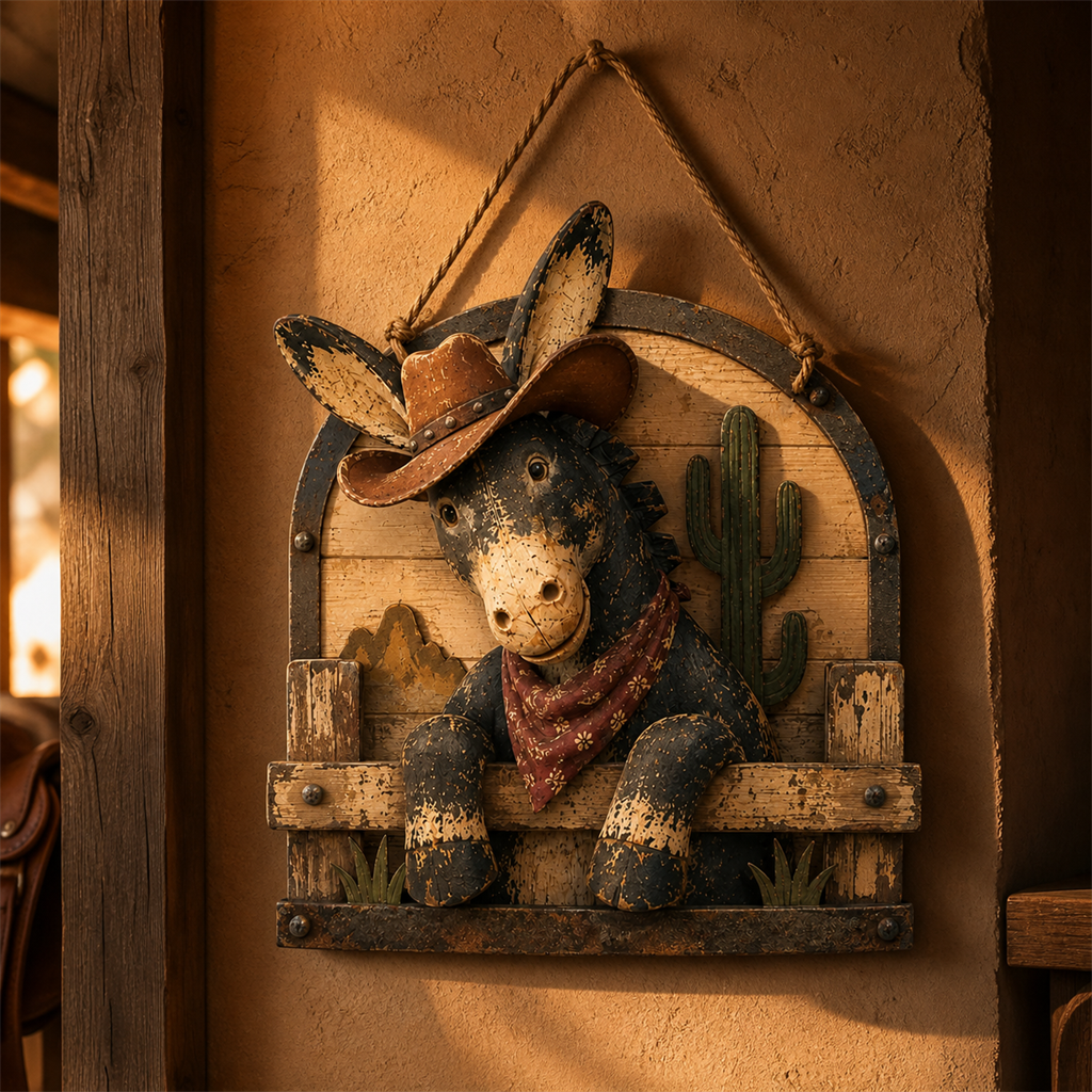 Rustic cowboy donkey wall hanging displayed in a warm western interior