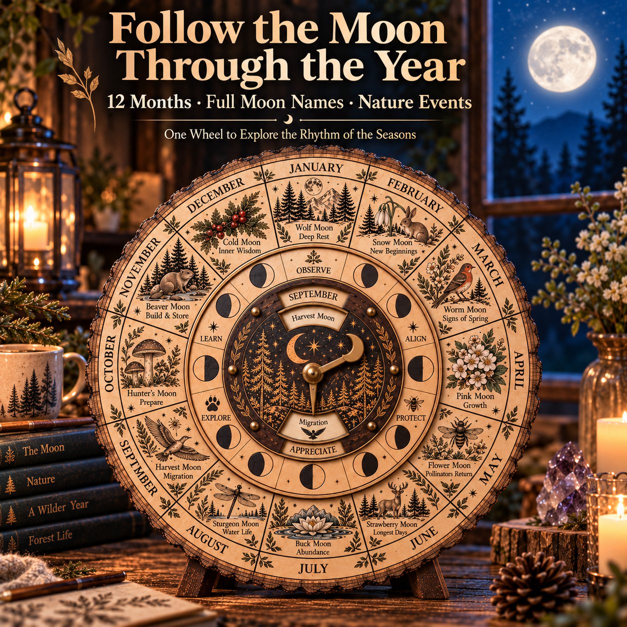 Wooden moon wheel with monthly moon names and nature illustrations