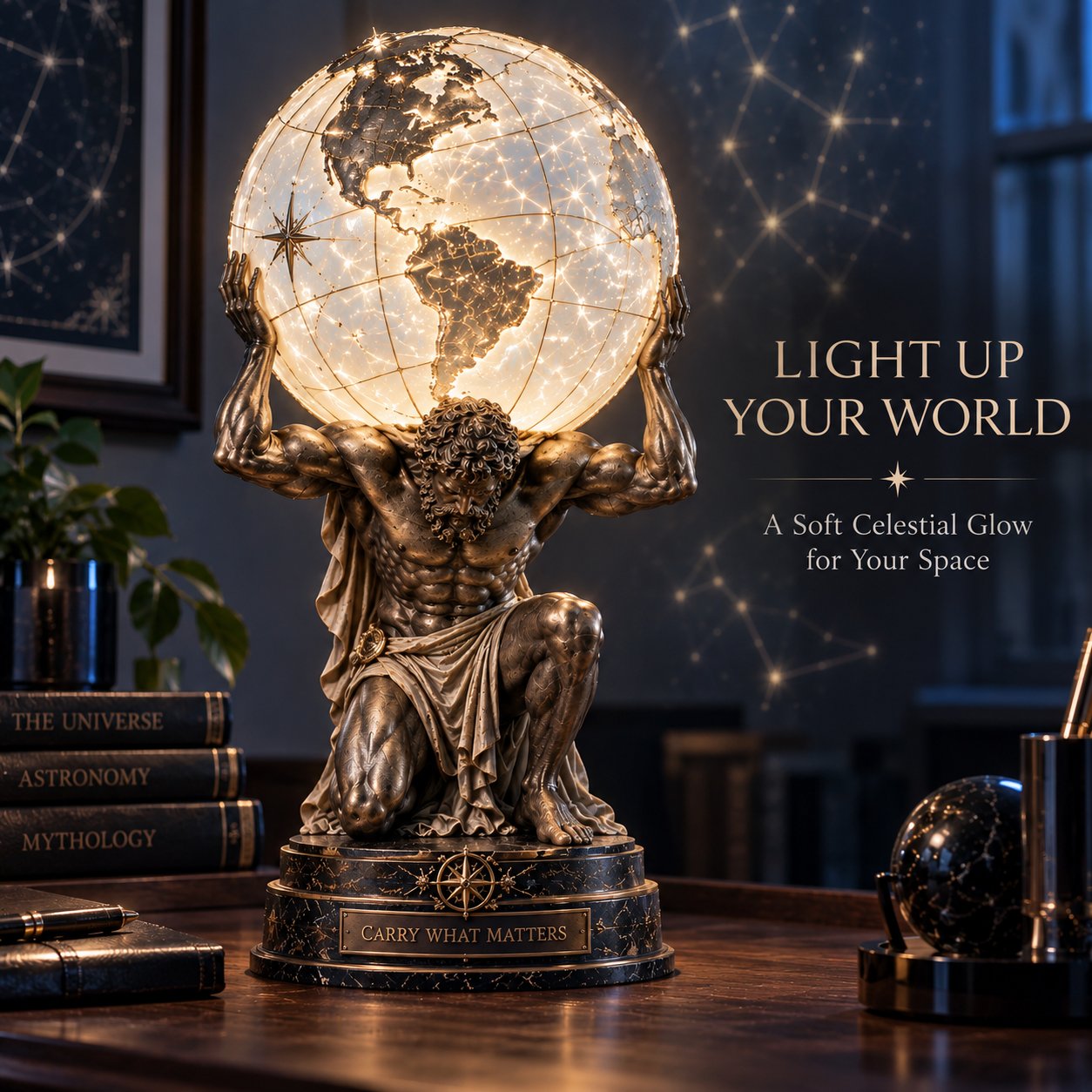 Atlas illuminated world sphere lamp in a study or office setting