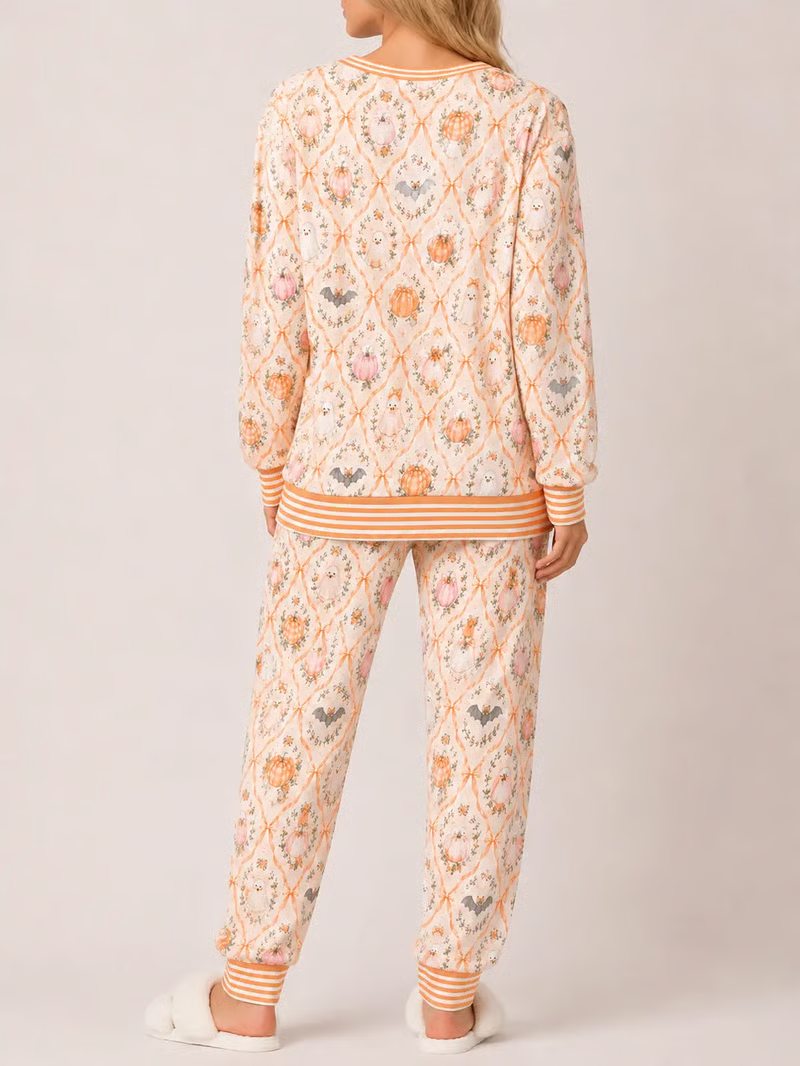 Women's Halloween Pajama Set – Cute Pumpkin Ghost Print Cozy Lounge Outfit For Spooky Season Nights