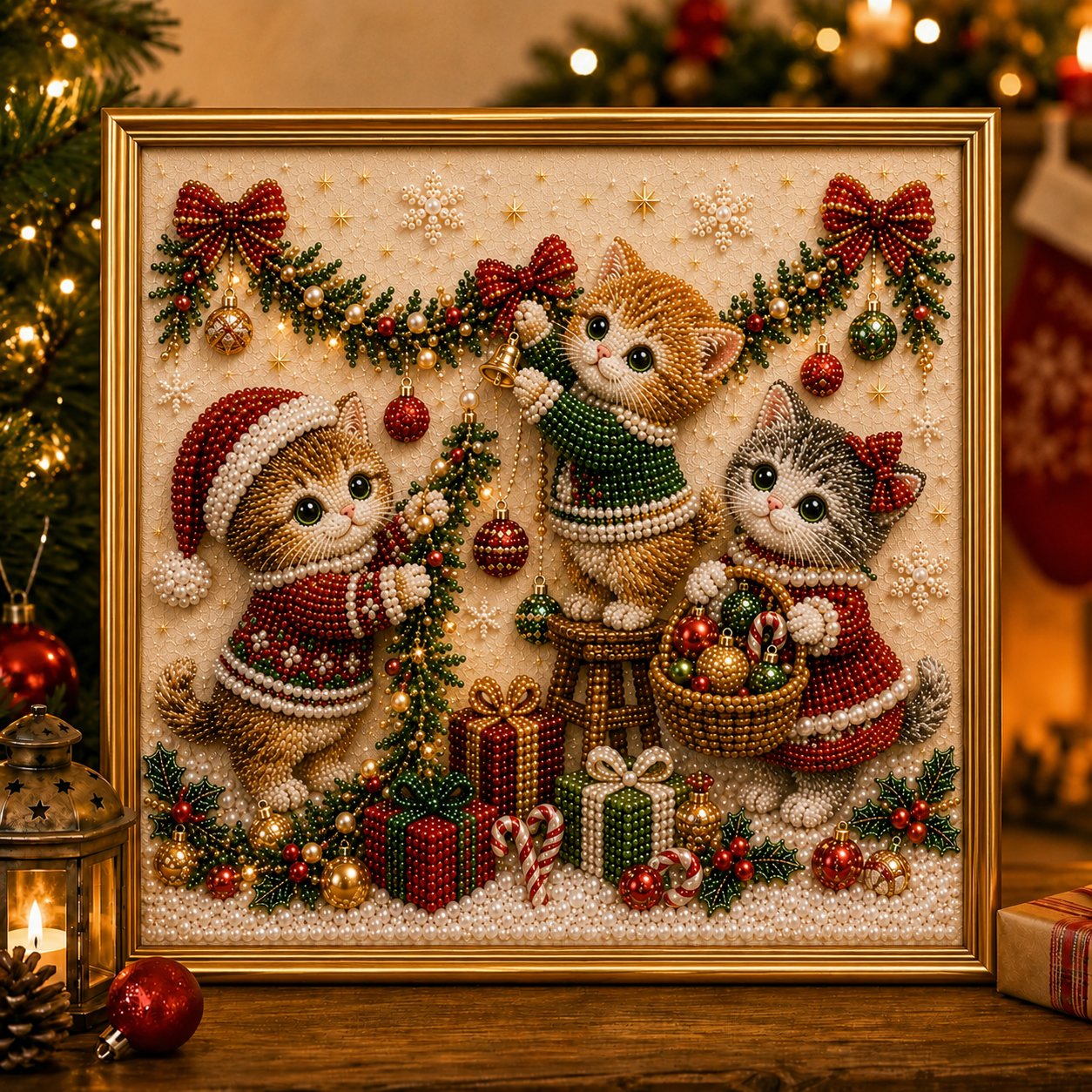🎄🐾 Premium 3D Pearl Christmas Kitty Art Kit | Luxury Flocked Canvas with Scratch-Resistant Non-Fading Pearl Beads DIY Holiday Decor 🎅🐱❄️