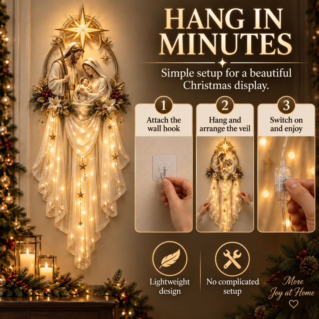 Three-step installation guide for hanging the Holy Family Star Veil