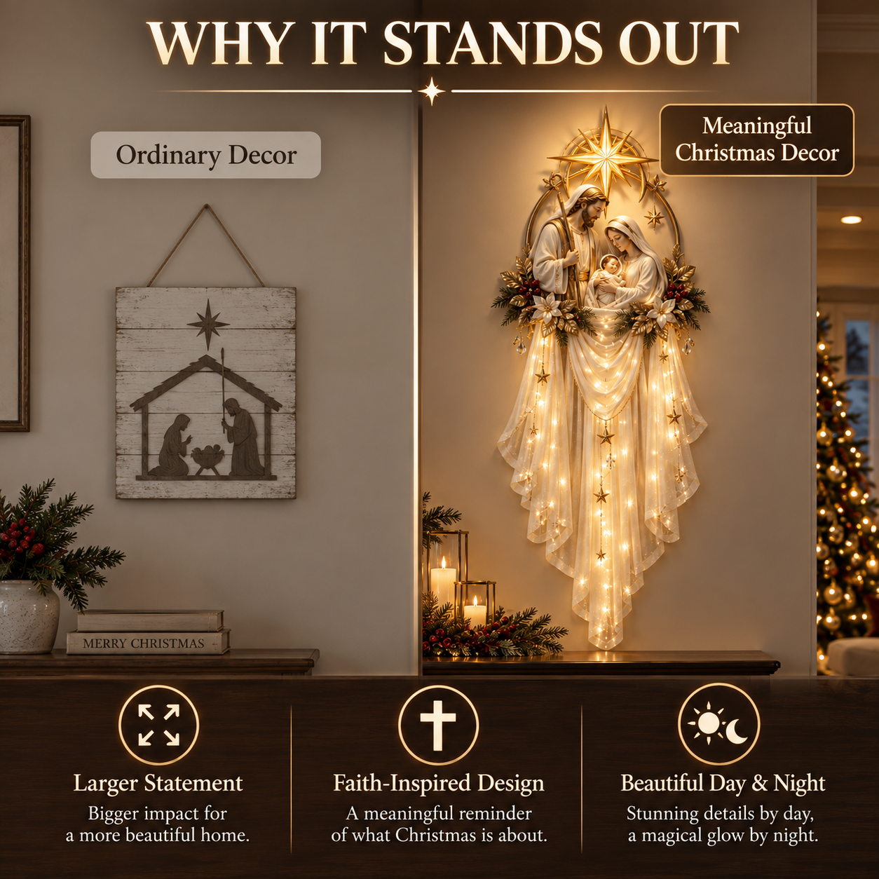 Holy Family Star Veil Cascade comparison with ordinary Christmas decor