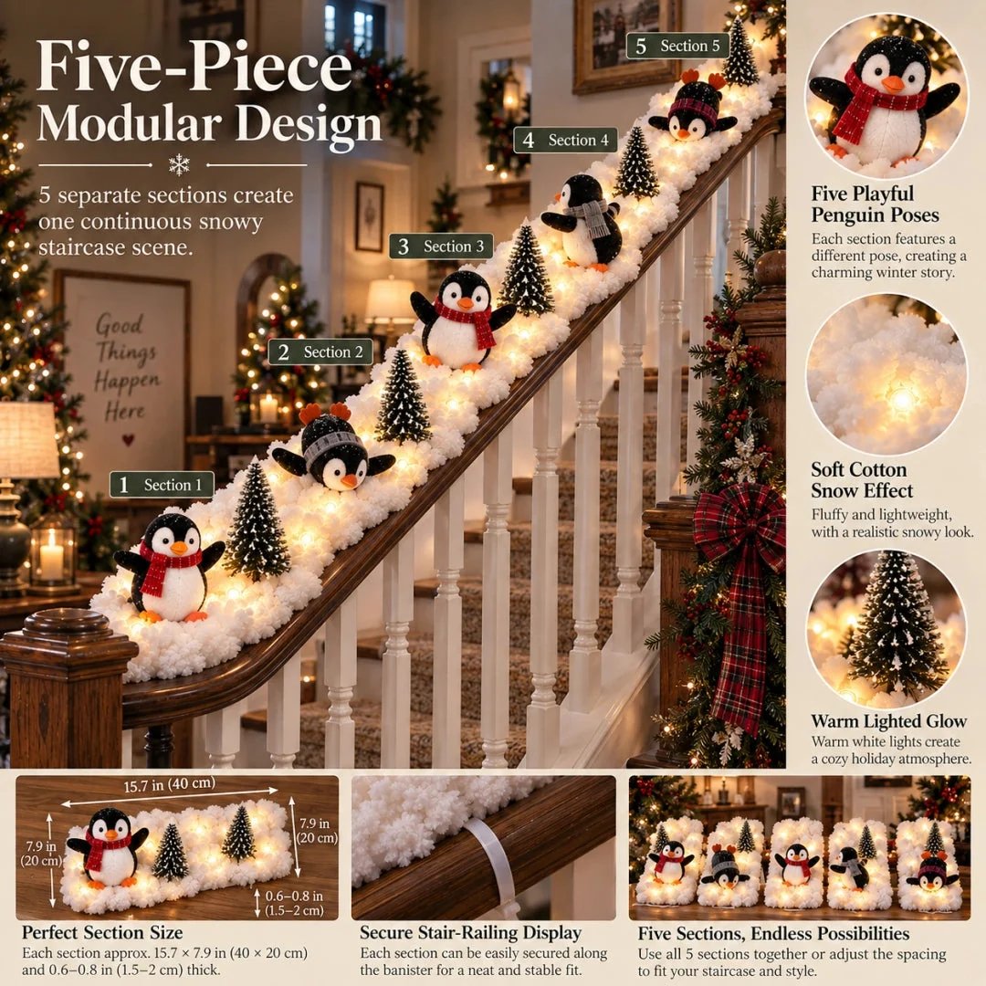 Five-piece penguin Christmas staircase scene