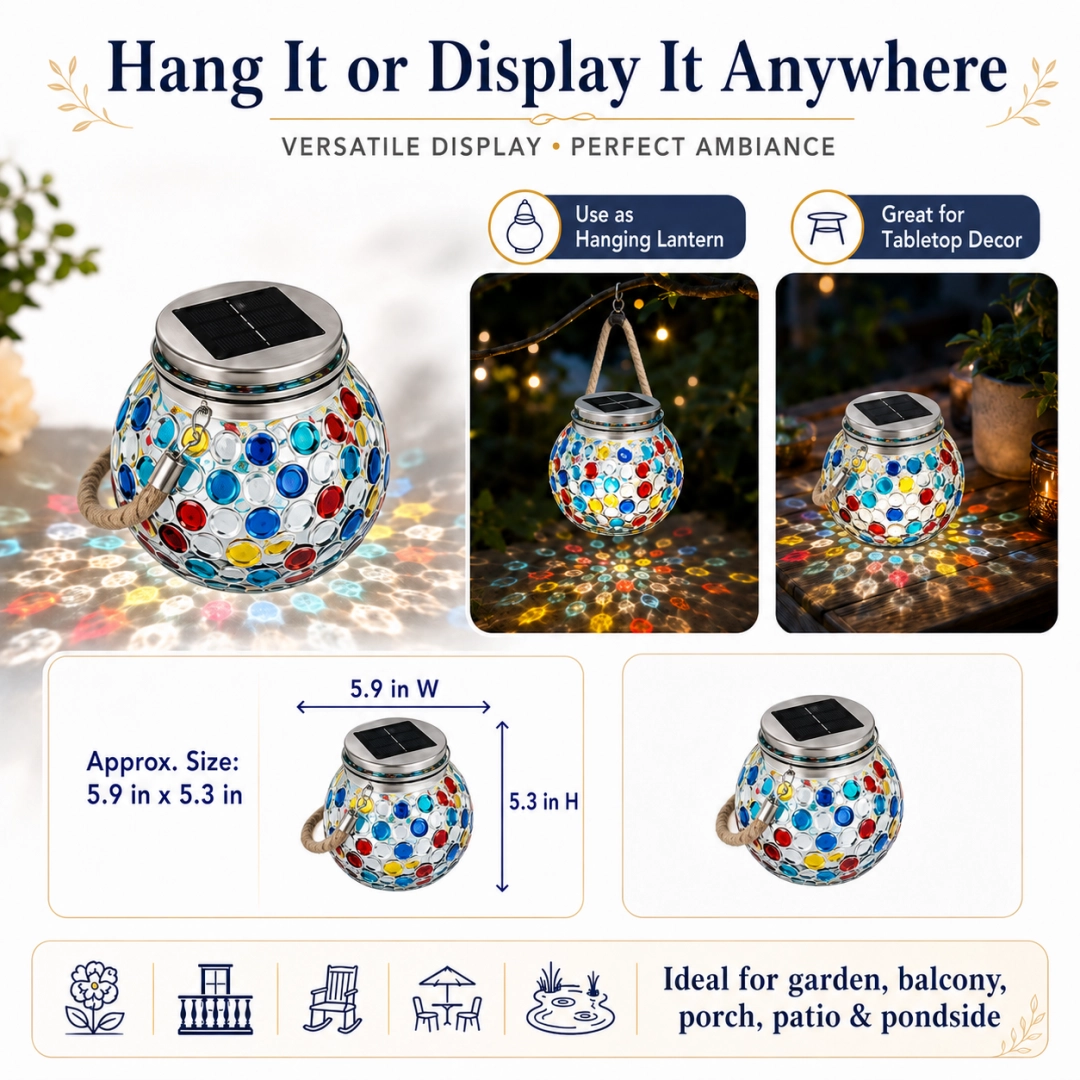 1pcs/Solar Mosaic Glass Lantern, Colorful Hanging Outdoor Garden Light
