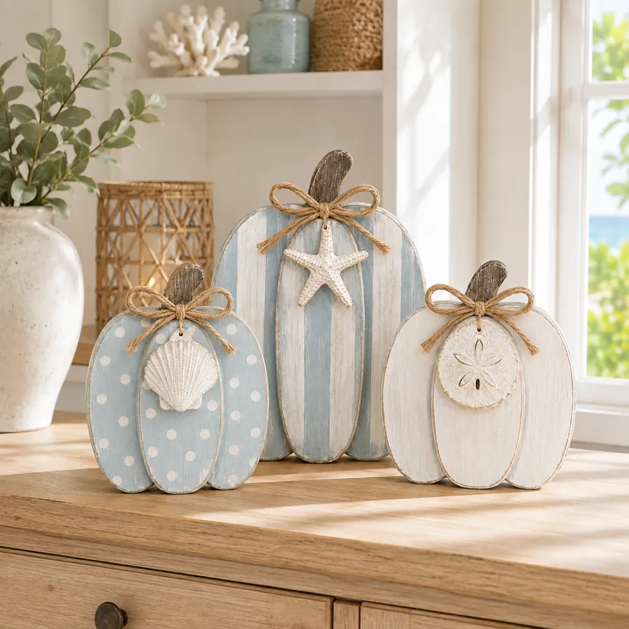 Coastal Wooden Pumpkin Tabletop Décor, Set of 3