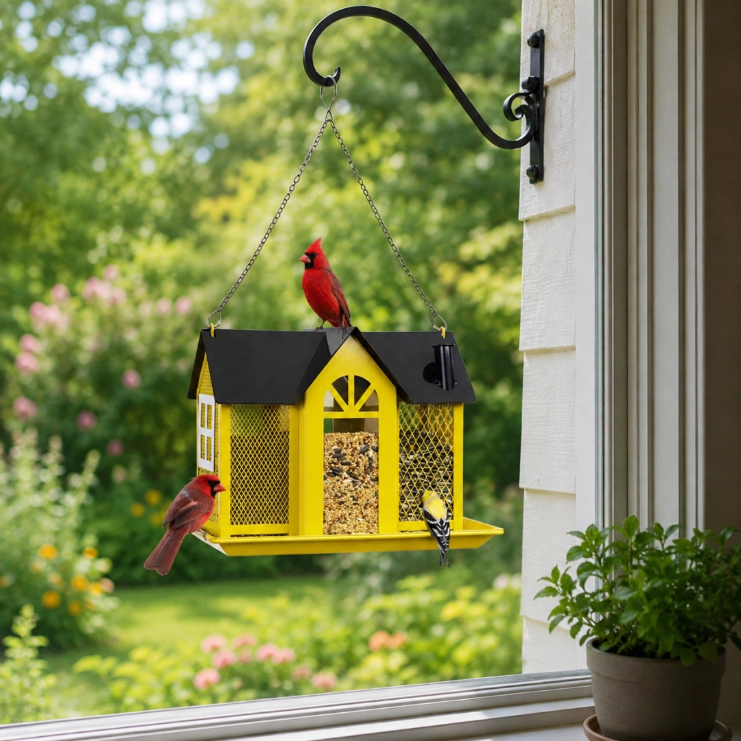Hanging Metal Bird Feeder – House-Shaped Outdoor Seed Dispenser for Garden, Yard, or Balcony