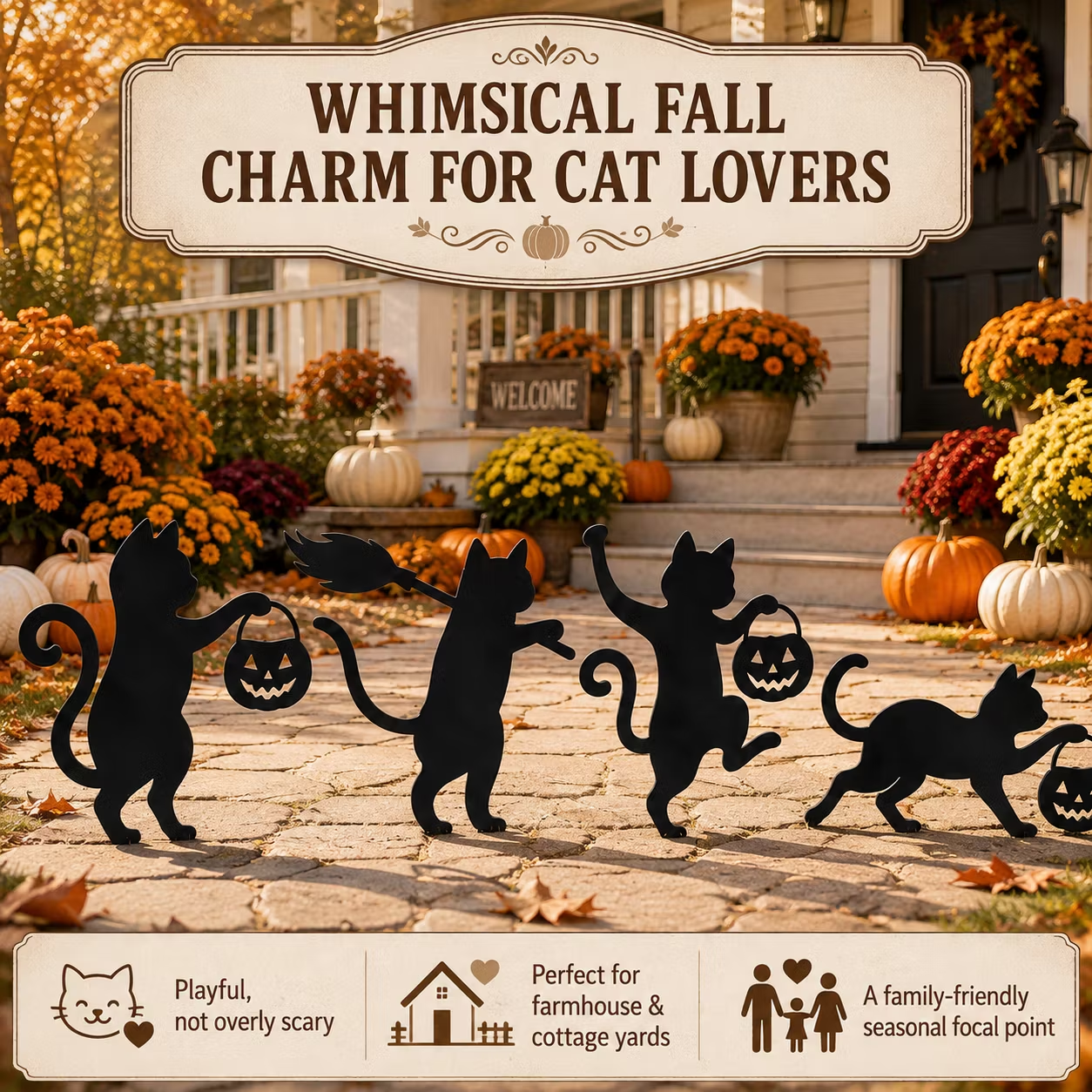 Playful Metal Black Cat Garden Stakes, Set of 4