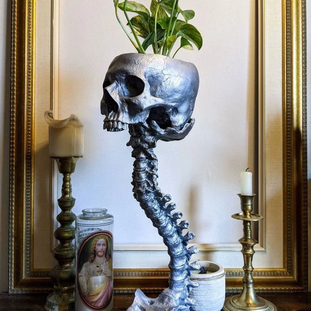 Gothic Skull Planter and Skeleton Vase, 11.6-Inch Spooky Home Decor