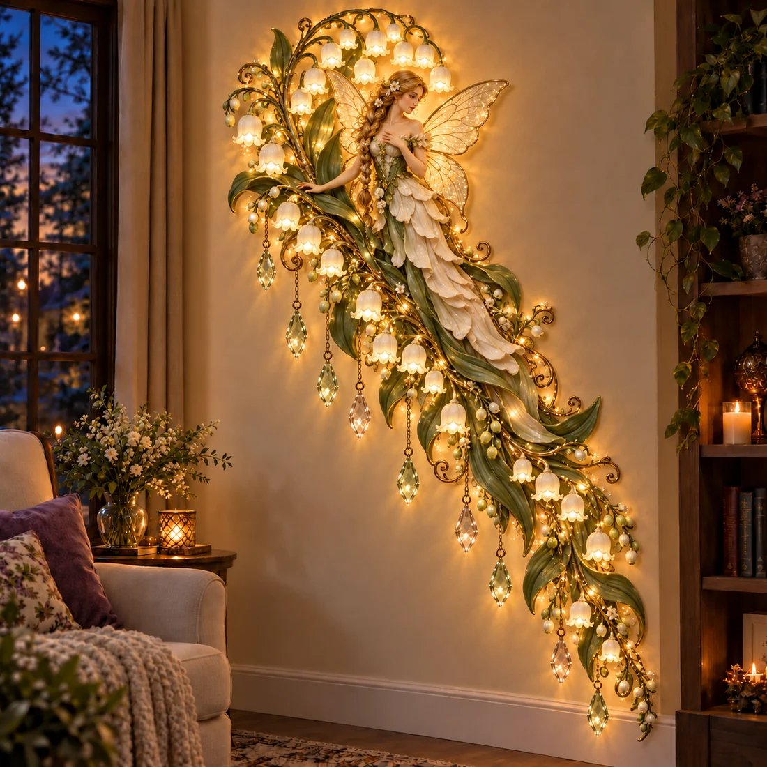 Illuminated Lily of the Valley flower fairy wall decoration in a cozy room