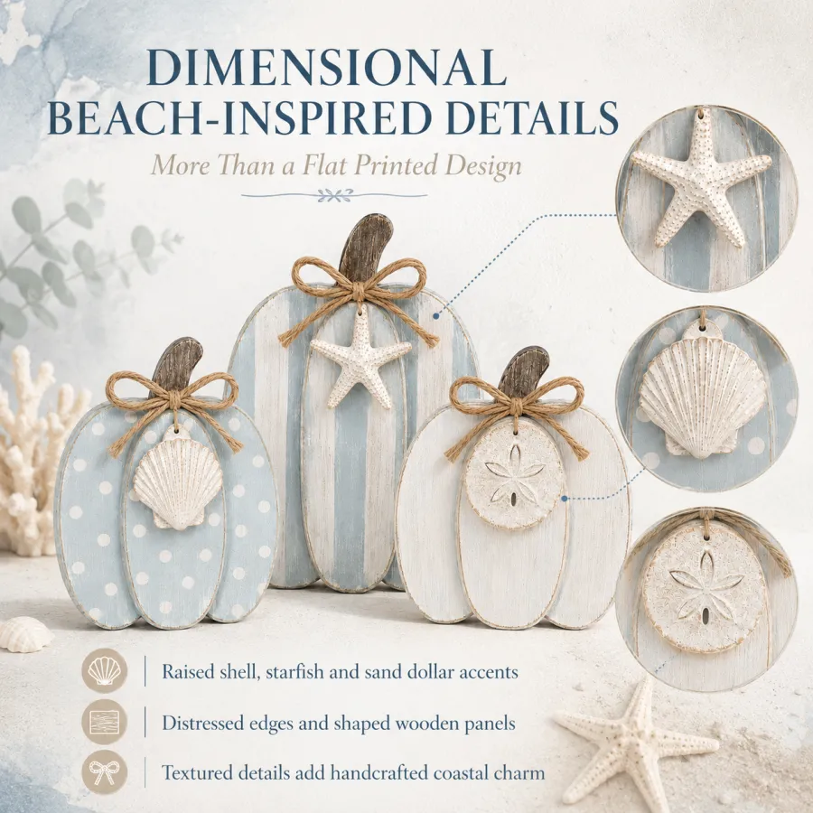 Coastal Wooden Pumpkin Tabletop Décor, Set of 3