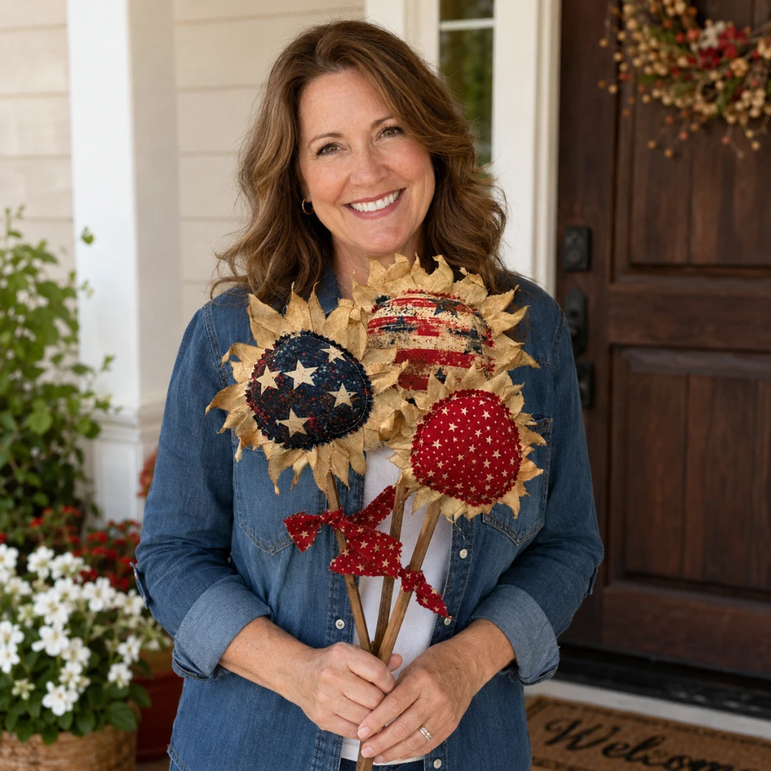 Primitive Americana Flower Picks Set of 3 – Rustic Patriotic Fabric Sunflower Decor