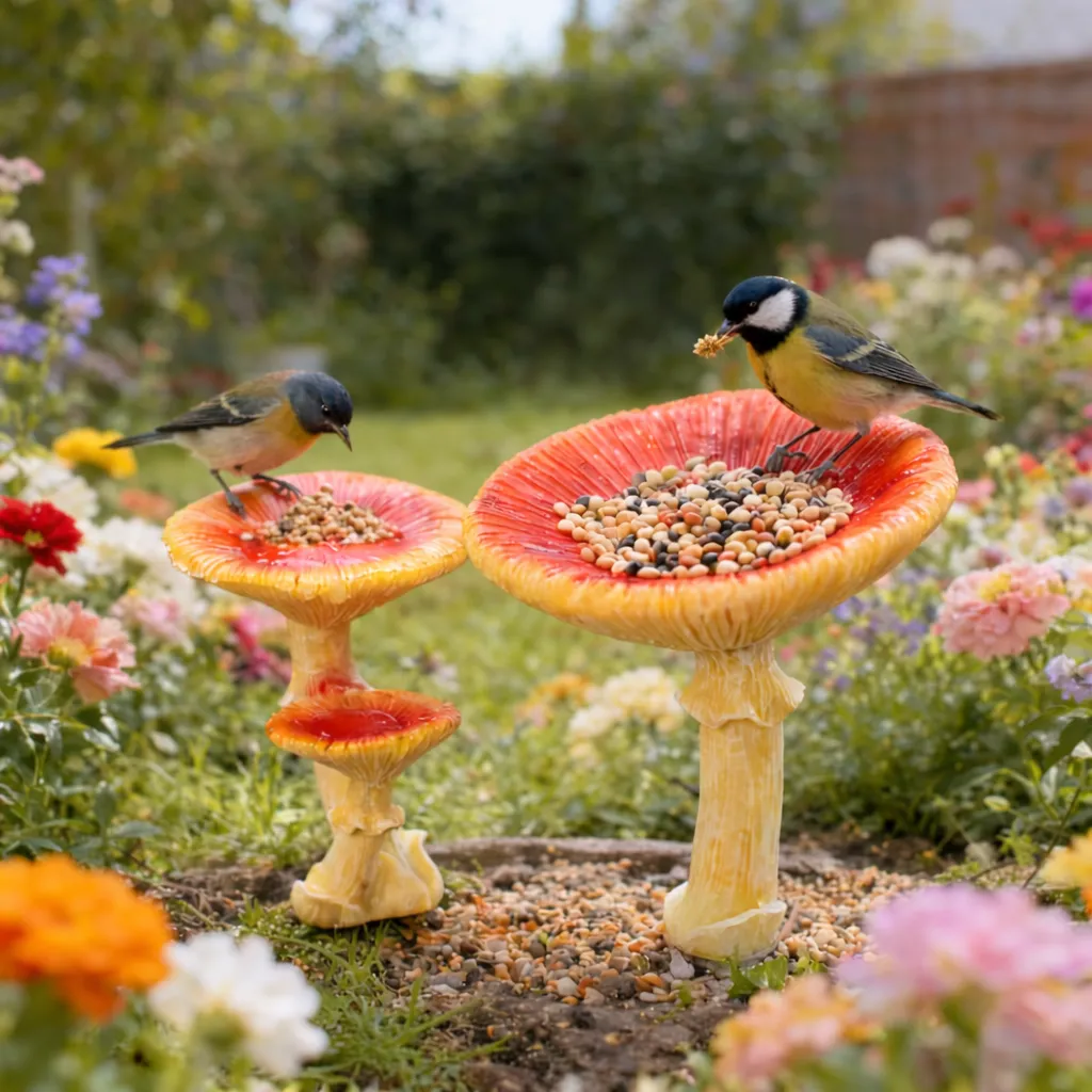 Whimsical Mushroom Bird Feeder for Garden Décor