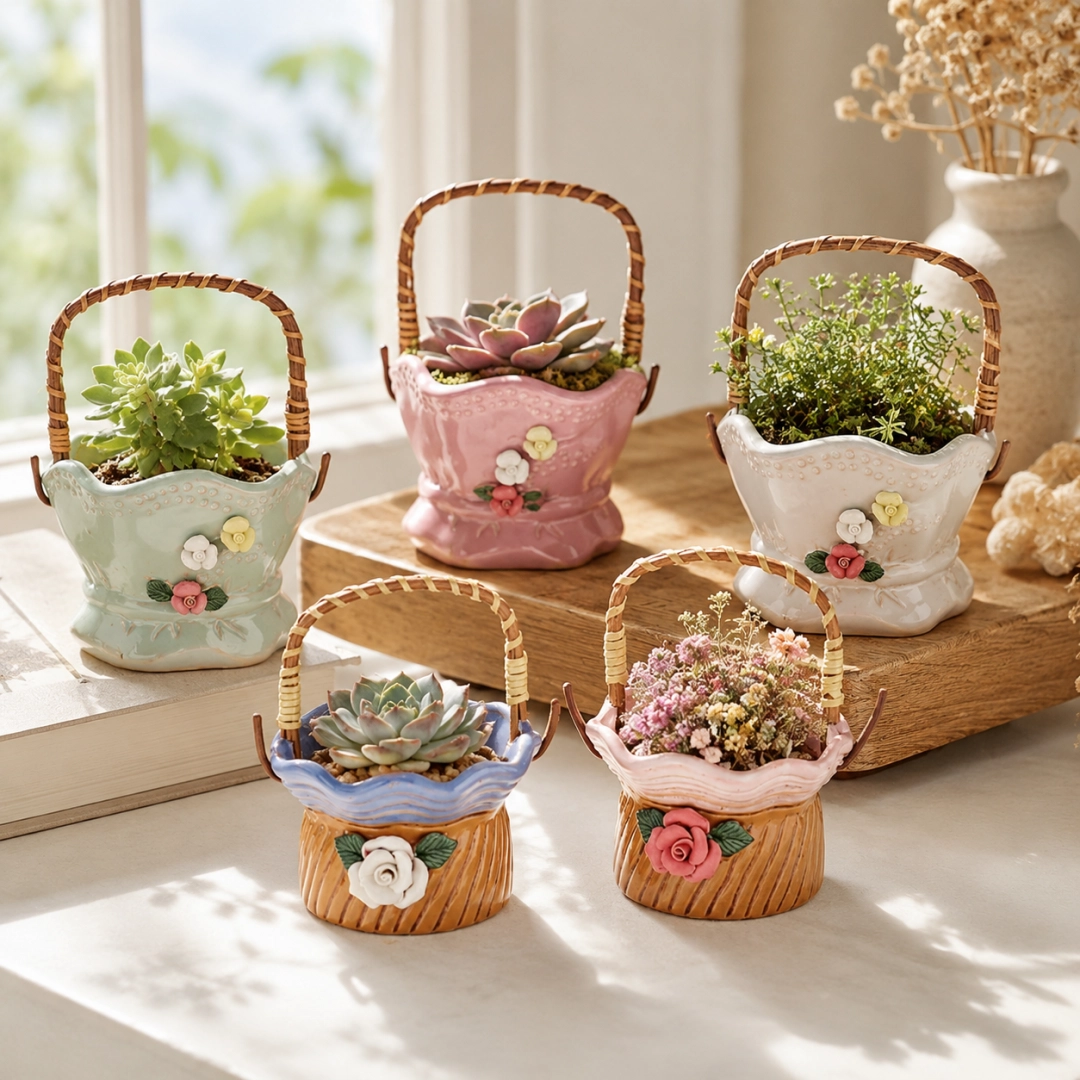 Ceramic Flower Basket Planter – Decorative Handcrafted Indoor & Outdoor Pots