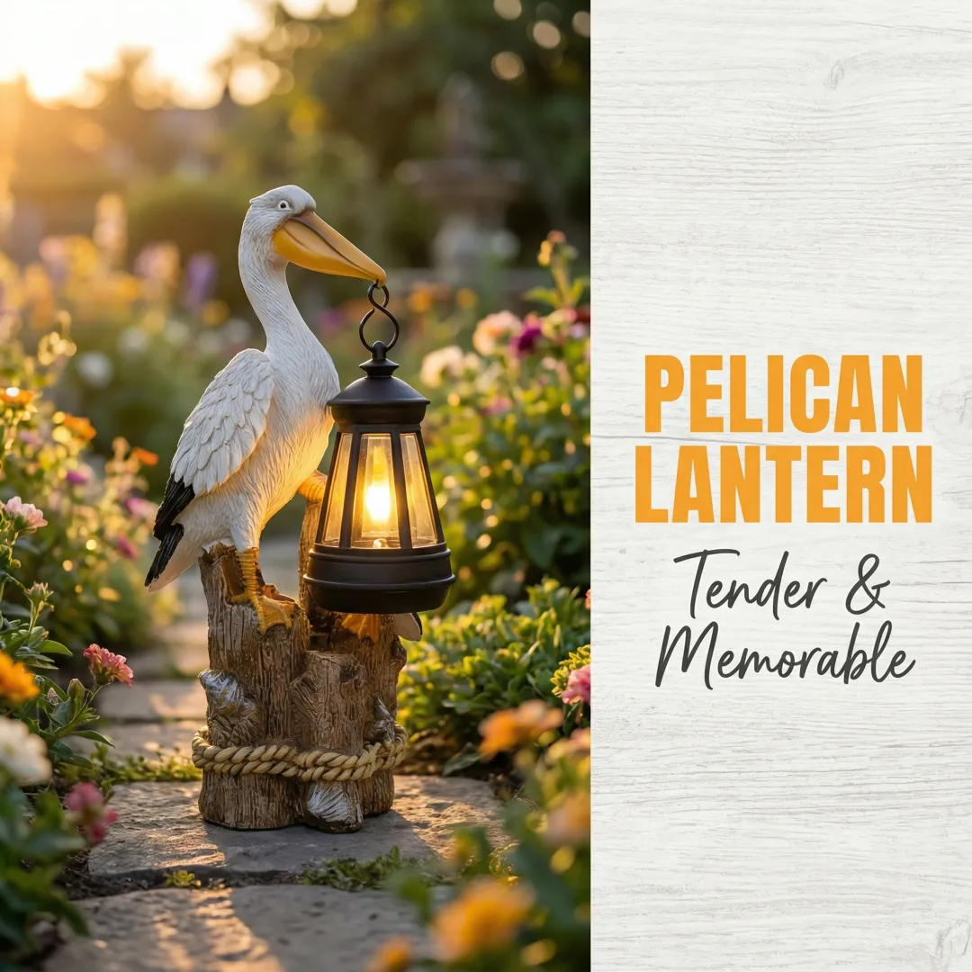 Whimsical Solar Pelican Mother & Baby Garden Lantern StatueThe sweet detail of the baby pelican leaning closely against the larger pelican gives this piece an especially warm, loving feel. From the textured feather detailing to the hanging lantern, wood-l