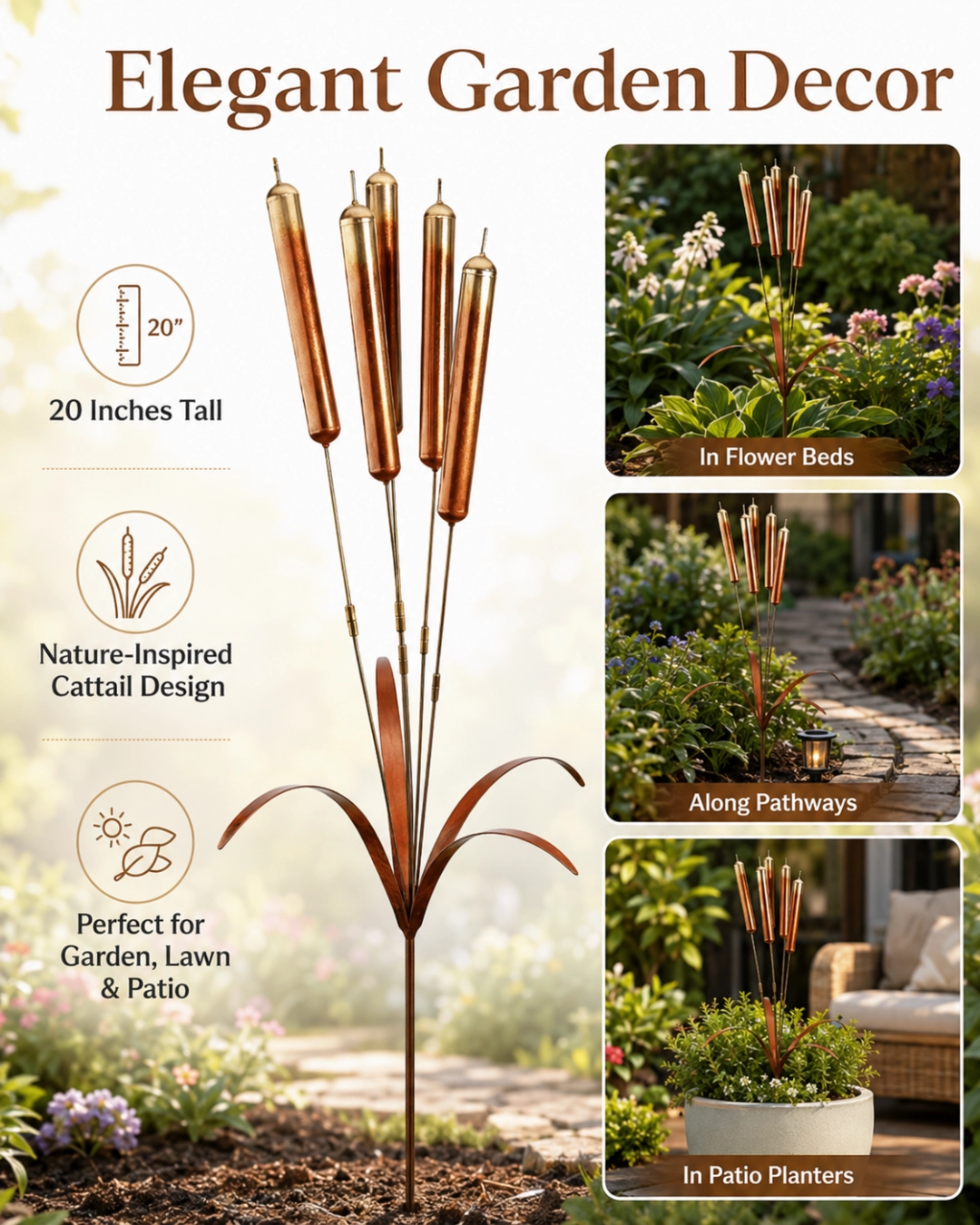Copper Cattail Wind Chimes Metal Garden Stake Decor, 20 Inch Realistic Outdoor Yard Art