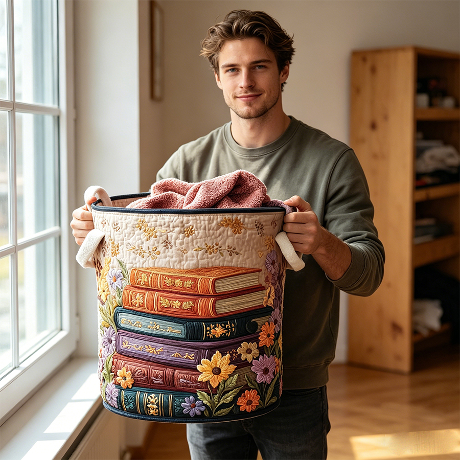 Sleeping Books Quilted Laundry Basket