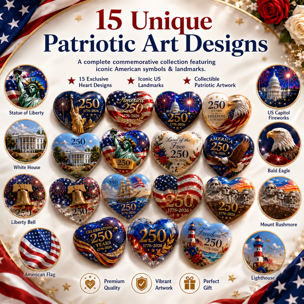 🇺🇸 America 250th Anniversary Commemorative Heart Ornament Collection | 15-Piece Patriotic Keepsake Set