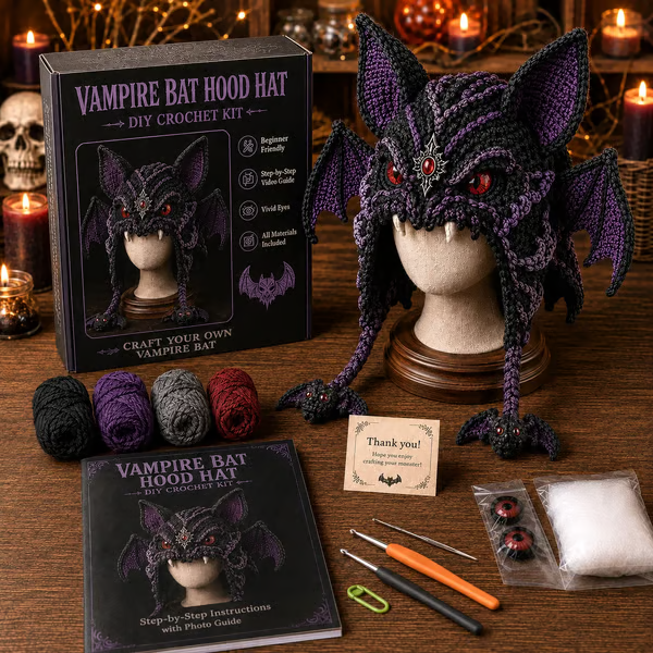 🔥 LAST DAY 49% OFF – 🎃 Halloween Monster Hood DIY Crochet Kit | Premium Soft Yarn Materials with Step-by-Step Guide DIY Handmade Wearable Character Hood 🧶🎭✨