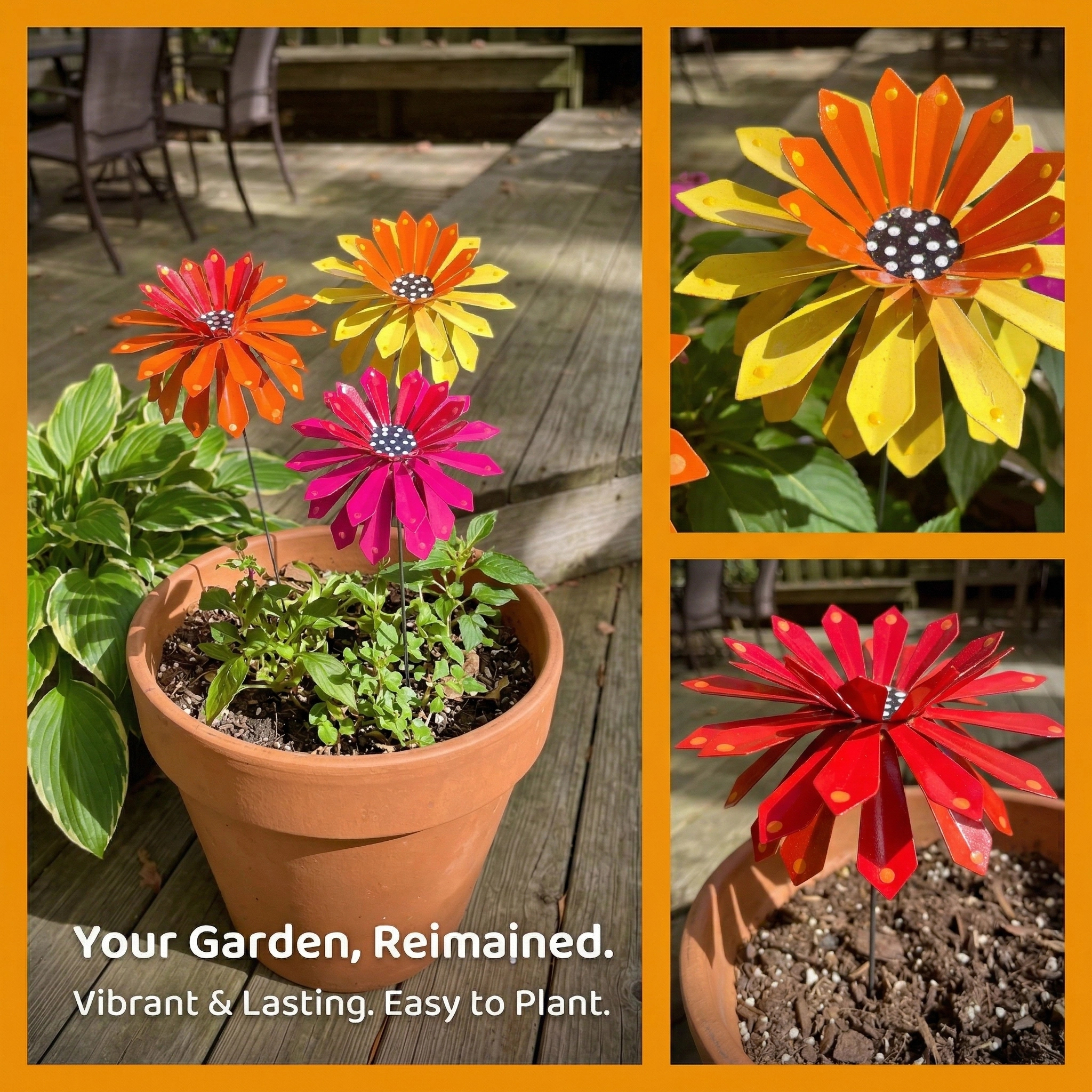 Handcrafted Metal Zinnia Flower Garden Stake