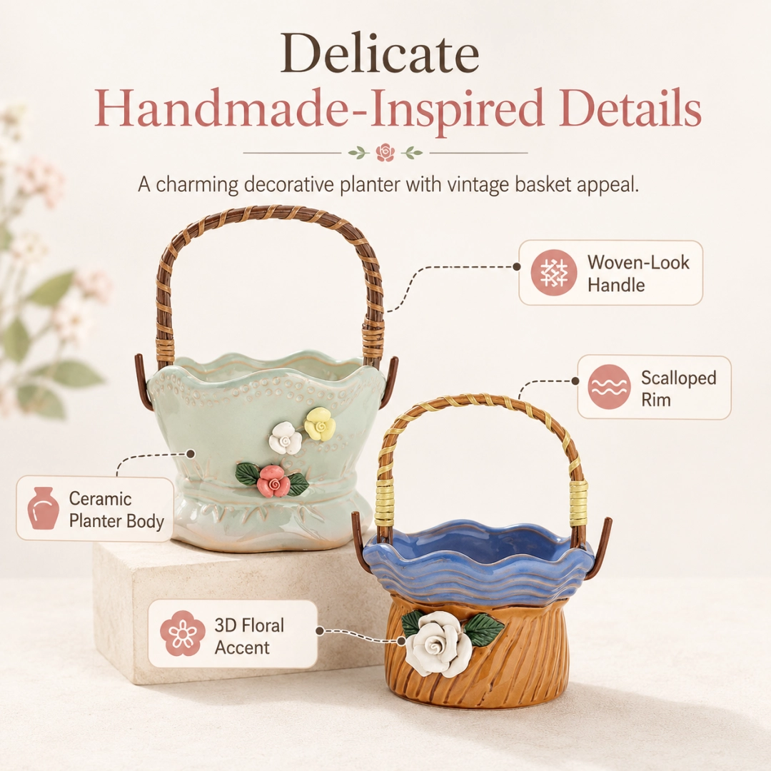 Ceramic Flower Basket Planter – Decorative Handcrafted Indoor & Outdoor Pots