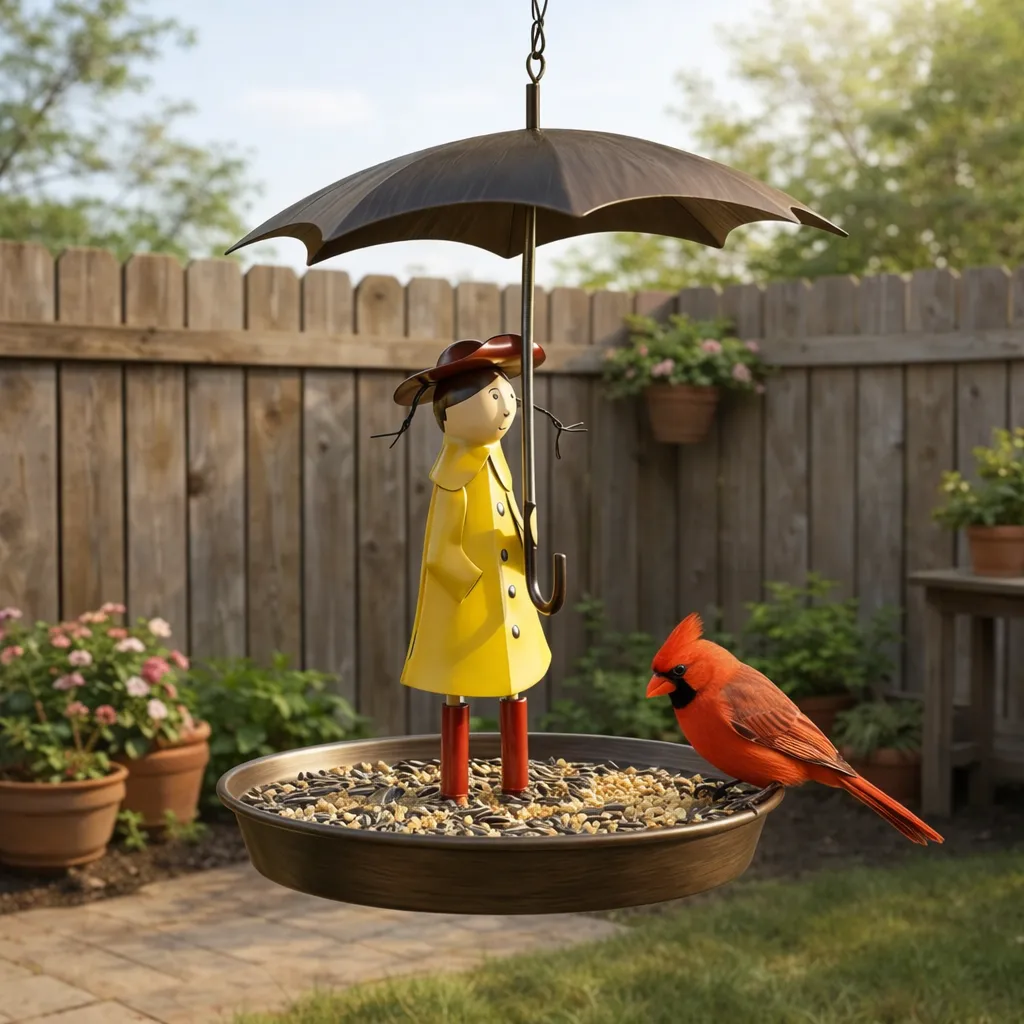 Whimsical Raincoat Girl Hanging Bird Feeder & Bird Bath