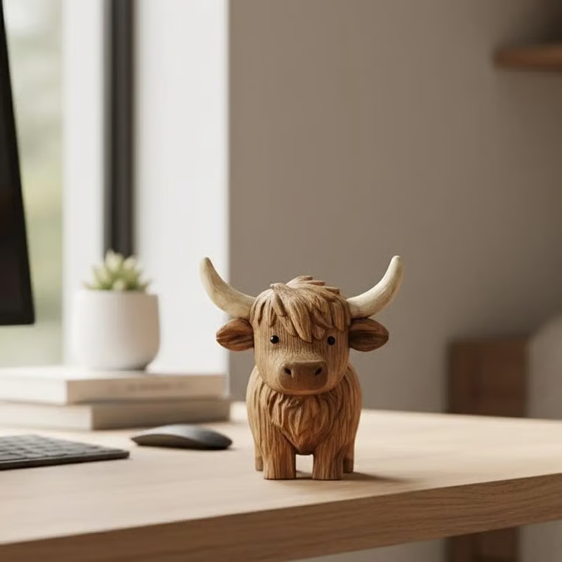 Hand Carving Wooden Highland Cow Figurine