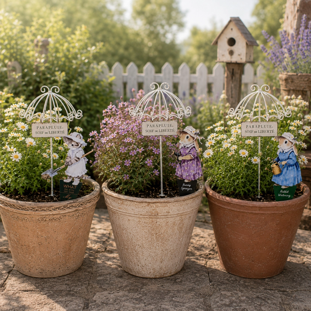 Storybook Garden Stakes – Mini Umbrella with Cat & Bunny Planter Decor