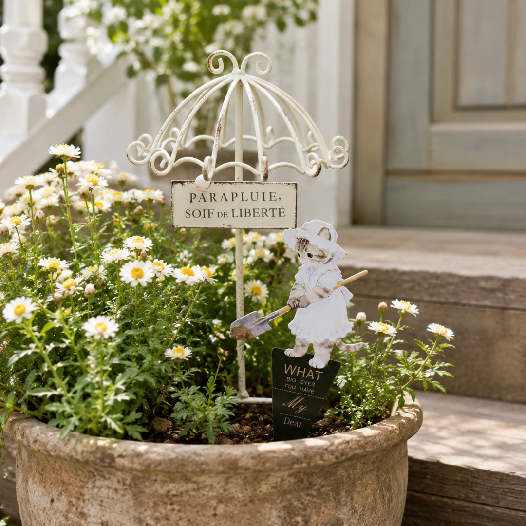 Storybook Garden Stakes – Mini Umbrella with Cat & Bunny Planter Decor