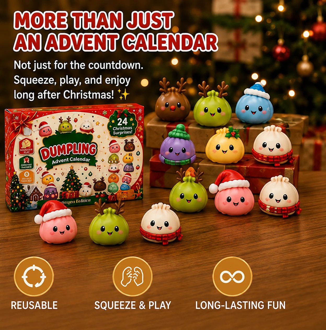 Complete collectible Christmas squishy toy set after countdown