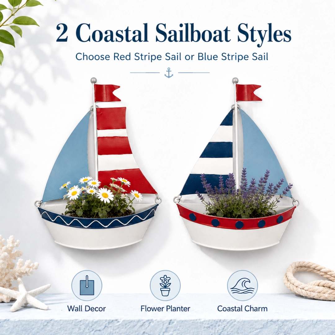 Coastal Sailboat Metal Wall Planter – Nautical Hanging Flower Basket⛵