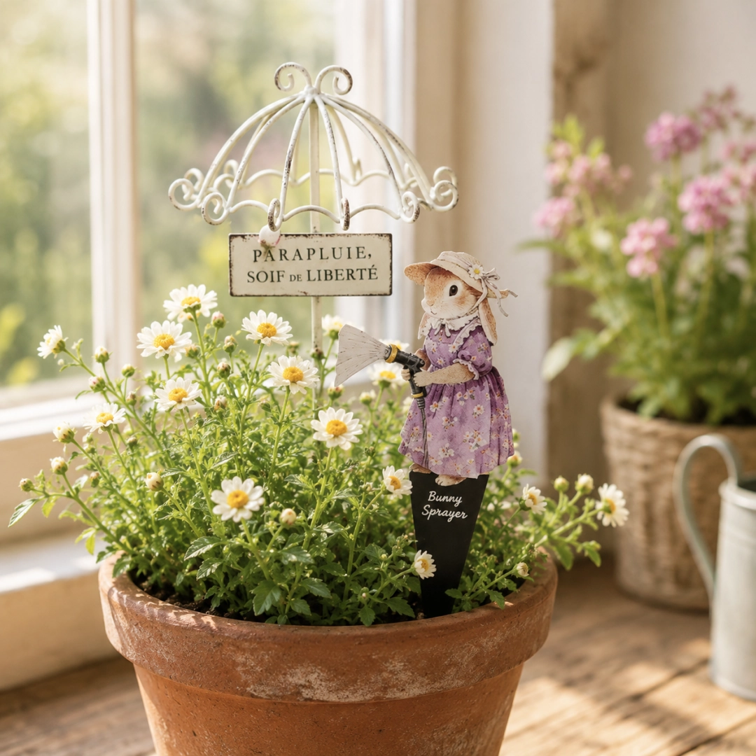 Storybook Garden Stakes – Mini Umbrella with Cat & Bunny Planter Decor