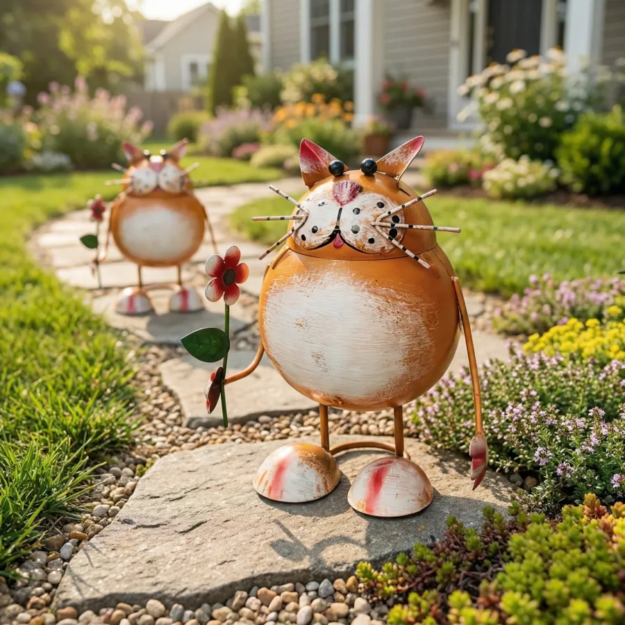 Whimsical Metal Cat Garden Statue with Flower