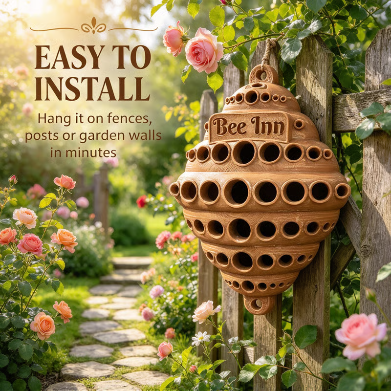 🐝 Bee Inn Hanging Bee Hotel  Rustic Solitary Bee House Pollinator Nesting Shelter for Garden Decor