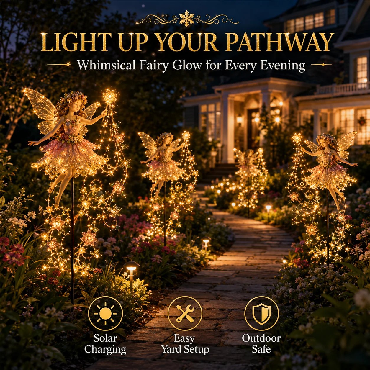 Flower Fairy lights along garden pathway