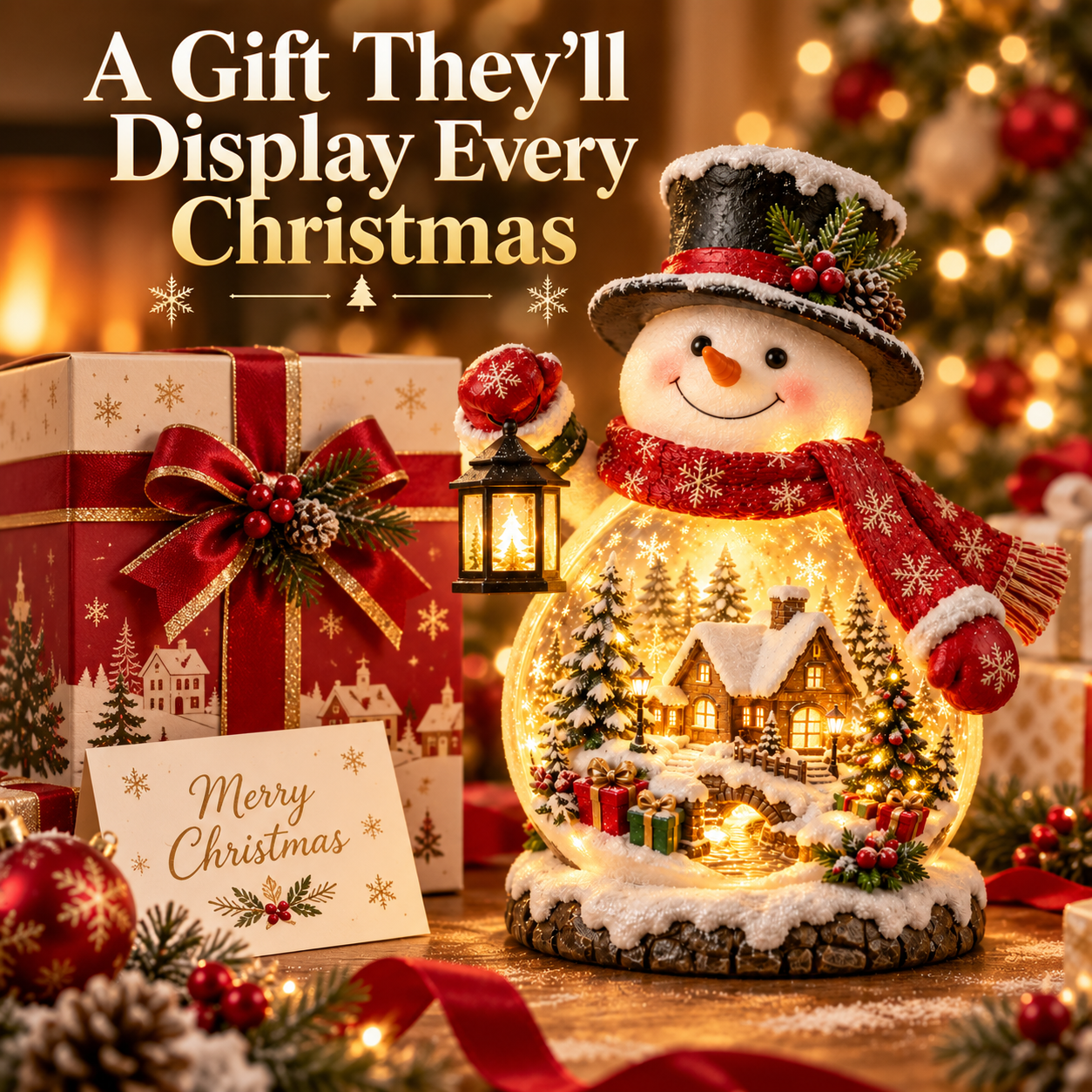 Christmas snowman village decoration beside holiday gift boxes