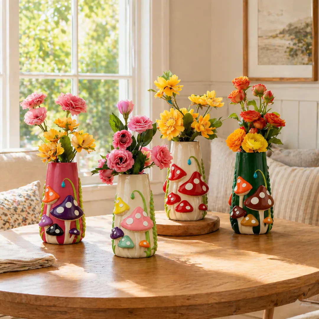 Mushroom Meadow Hand-Painted Vase Collection