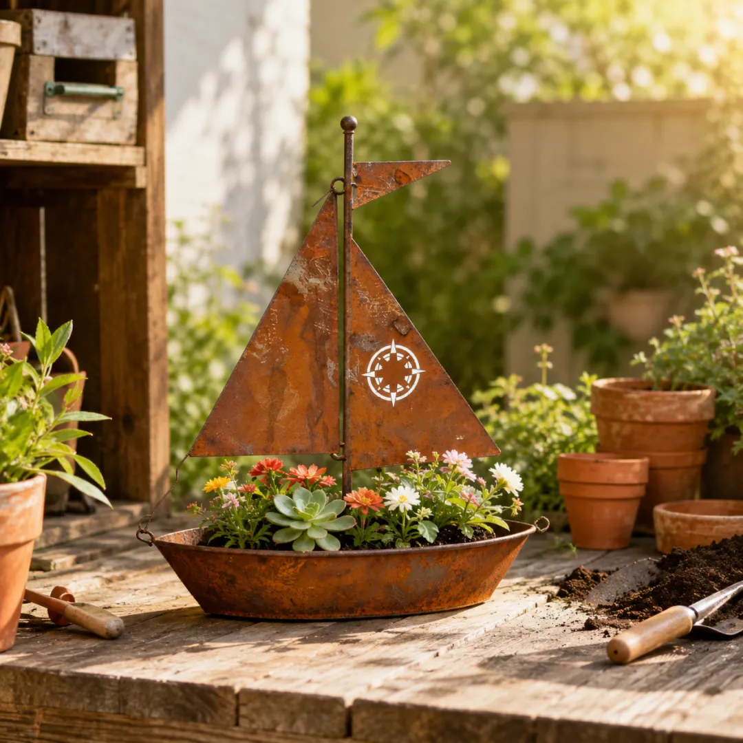Rustic Sailboat Metal Planter