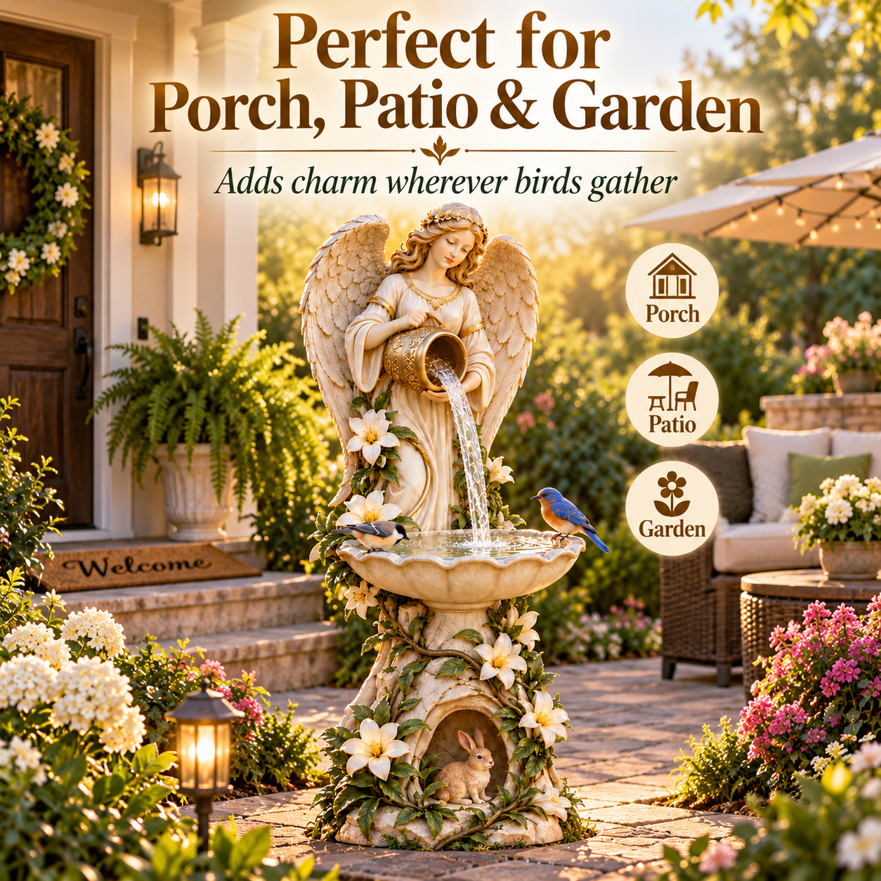 Angel bird waterer displayed in a garden beside a porch and patio