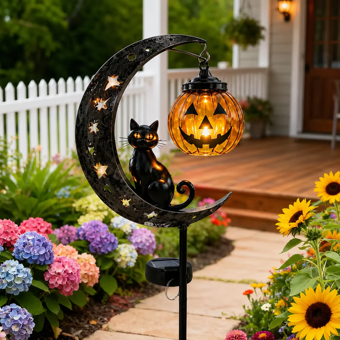 ☀️Solar Halloween Black Cat & 🎃Pumpkin Moon Garden Stake Light