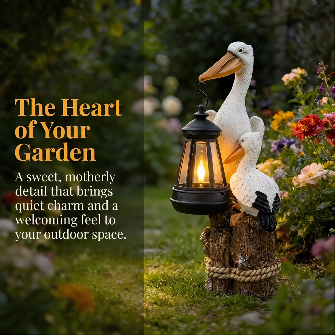 Whimsical Solar Pelican Mother & Baby Garden Lantern StatueThe sweet detail of the baby pelican leaning closely against the larger pelican gives this piece an especially warm, loving feel. From the textured feather detailing to the hanging lantern, wood-l