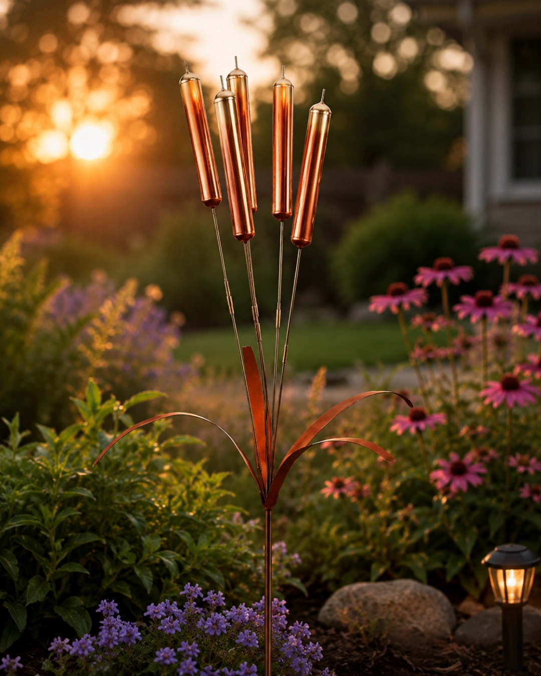 Copper Cattail Wind Chimes Metal Garden Stake Decor, 20 Inch Realistic Outdoor Yard Art