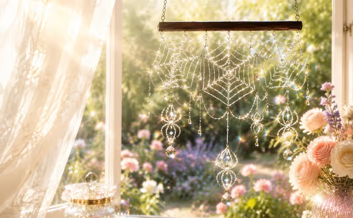 🕷️ Handmade 3D Crystal Spiderweb Suncatcher  Ready-to-Hang Window Decor